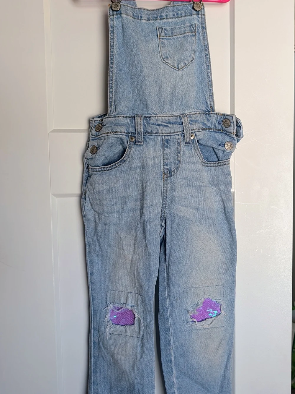 Cat & Jack Light Blue Denim Overalls with Purple Sequin Knee Patches